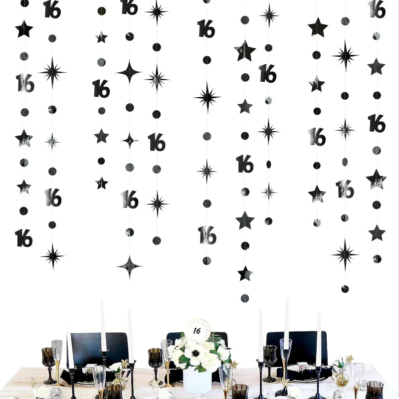 Black Number 16 Circle Dots Twinkle Star Garland Banner Backdrop Decorations for Girls Boys 16th Birthday Anniversary Party