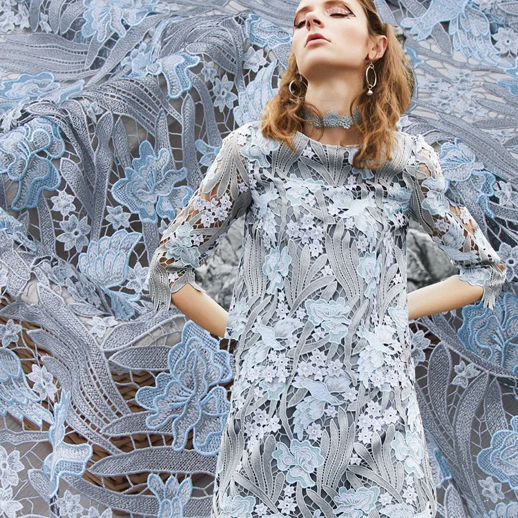 

1 ярд новая синяя сетка водорастворимая кружевная ткань с вышивкой для свадебного платья DIY tecido 3D кружевная ткань из пряжи с перьями