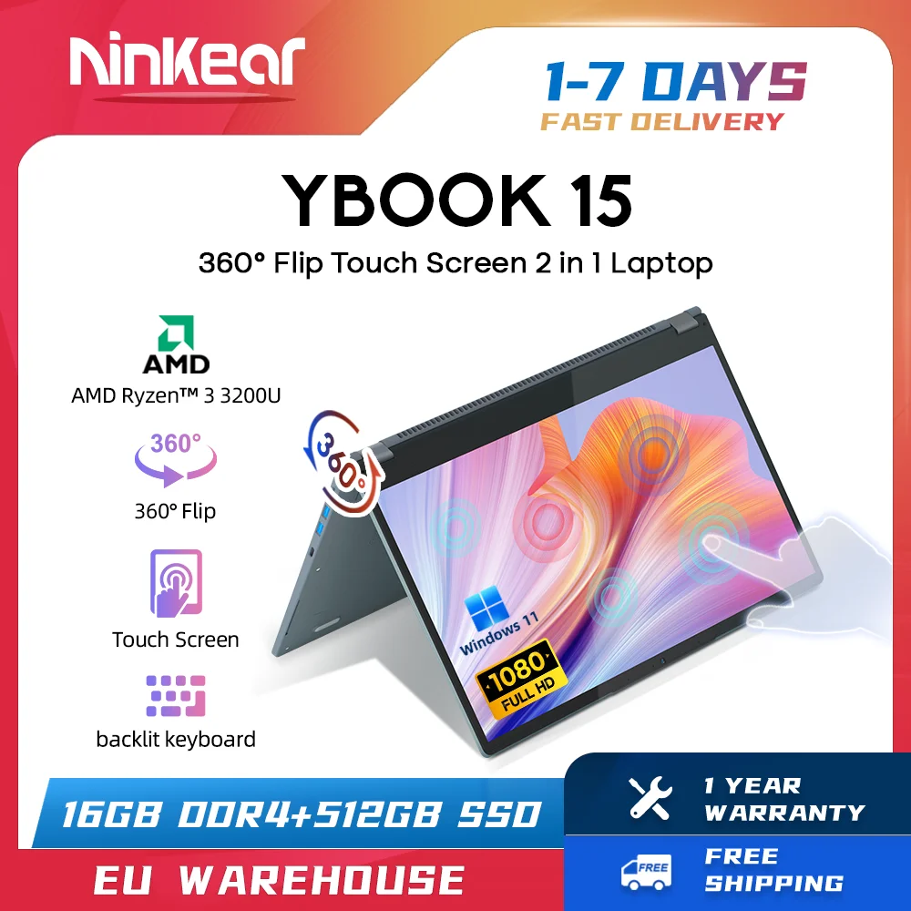 Ninkear YBOOK15 2 in 1 Laptop AMD Ryzen™ 3 3200U 15.6\' 360° flip FHD IPS Touchscreen 16G+512GB SSD  Backlit Keyboard Windows 11