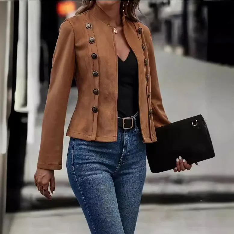 Long Sleeve No Hood Coat Regular Length Vintage with Autumn Regular Sleeve Elegant Button Front Slim Fit Patchwork Women Jacket