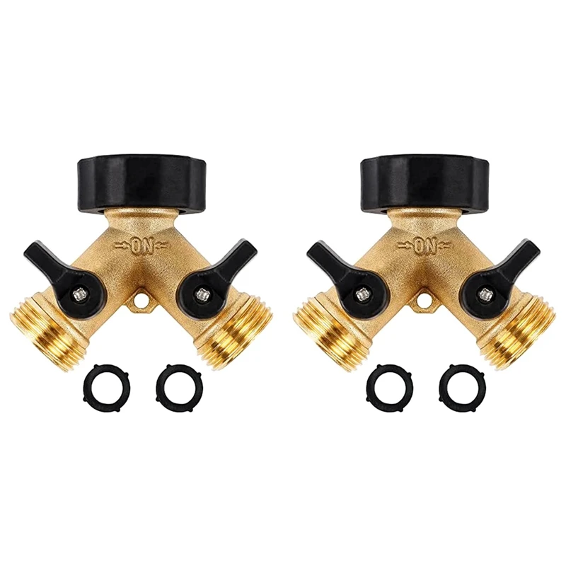 Garden Hose Splitter 2 Way Heavy Duty Brass Connector Tap Splitter, Y Splitter 2 Valves With 4 Extra Rubber Washer