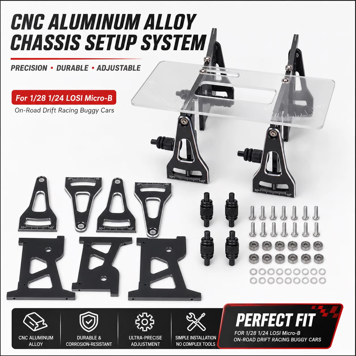 Système de réglage du châssis en alliage d'aluminium CNC, ensemble d'outils de réglage pour voitures télécommandées LOSI Micro-B 1/28 1/24 pour drift et course sur route.