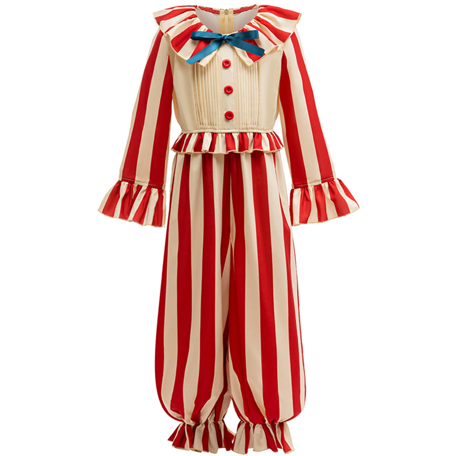 

New Girls Boys Clown Role Play Costume Jumpsuit Strips Color Contrast Turn-Down Ruffled Collar Bow Tie Long Flare Sleeve Rompers