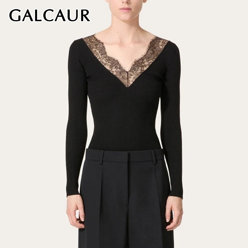 GALCAUR Sexy Black Color T Shirts For Women V Neck Long Sleeve Slimming Temperament Pullover Knitted Tops Female Winter Clothing