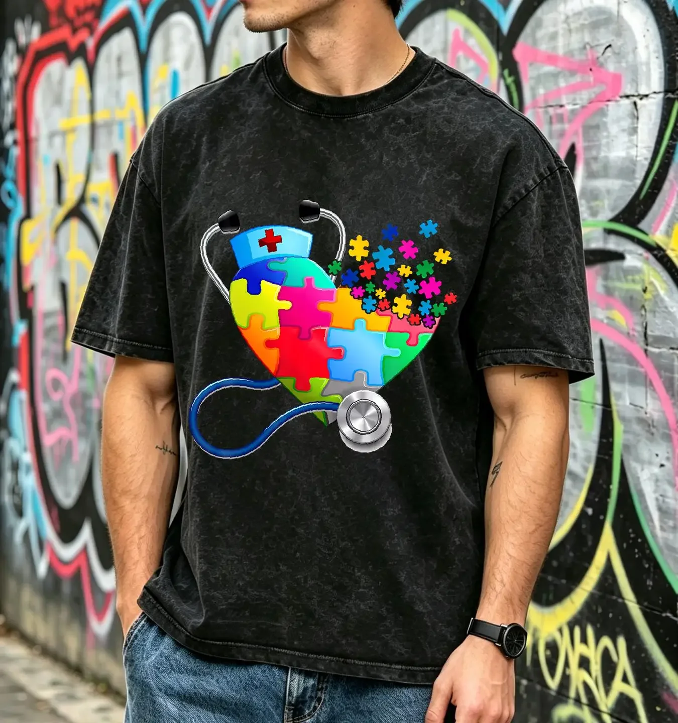 washed T Shirt Cute Nurse Heart Puzzle Autism Awareness Large Capacity Backpack Print Backpacks vintage Washed Slightly Soft