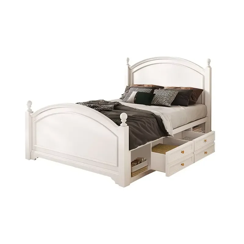 American-style Solid Wood Bed, White Single Bed, Children s Bed with Drawers, Princess Bed, Bedroom Furniture