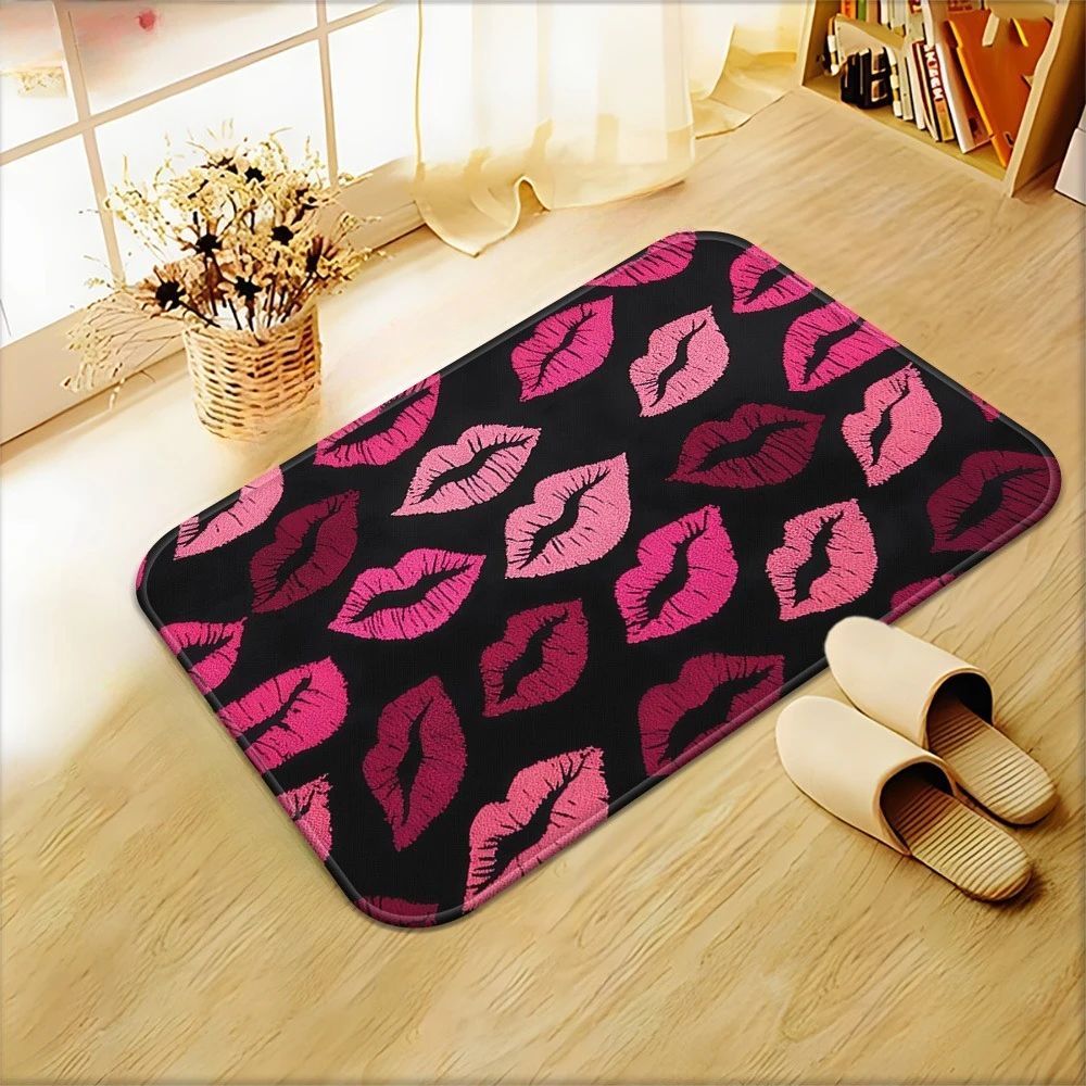 Solid Red Background Glossy Red Lips Doormat 2D Shiny Sexy Mouth Pattern Non Slip Water Absorbent Bathroom Bedroom  Floor Mat