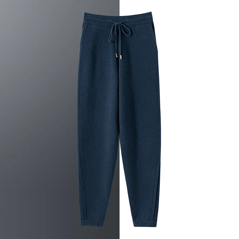 

Autumn/Winter 100% Cashmere Men's Pants Casual Solid Color Knitted Small Leg Pants Elastic Waist Pocket Thick Pants
