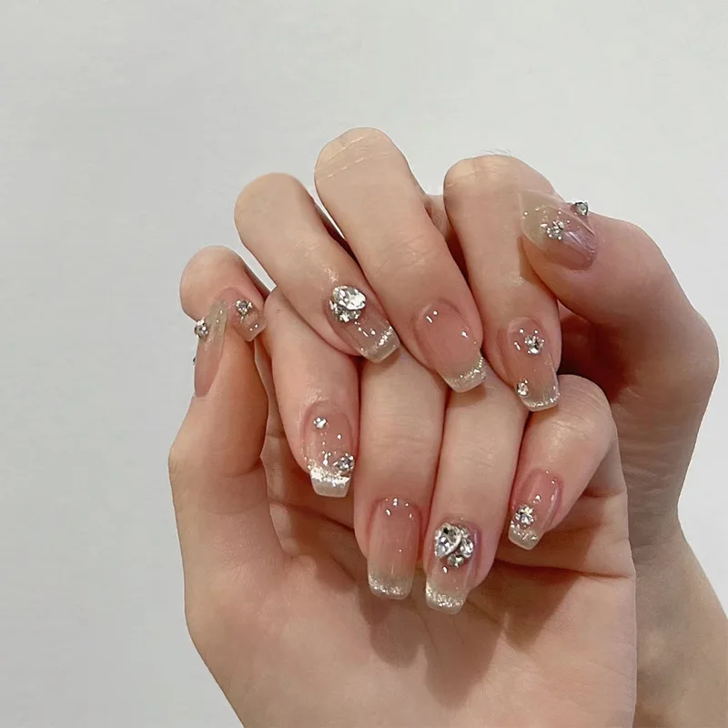 INS Popular Wear Nude Color Diamond in the Debris Cat's Eye Pure Desire Wind Patch Mid-Length Finished Nail Beauty Det