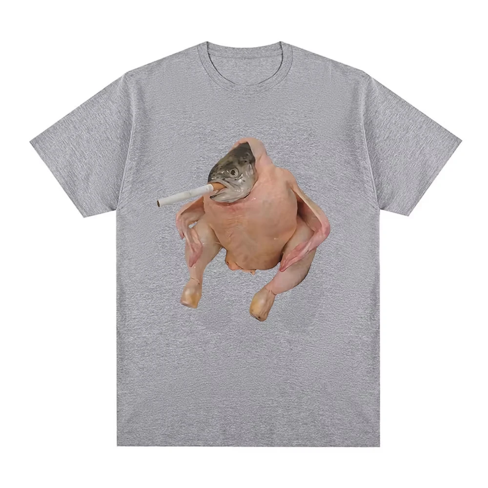 魚の顔の鶏がタバコを吸っている ミーム Tシャツ 面白い メンズ レディース服 原宿 Tシャツ ユニセックス コットン グラフィック Tシャツ