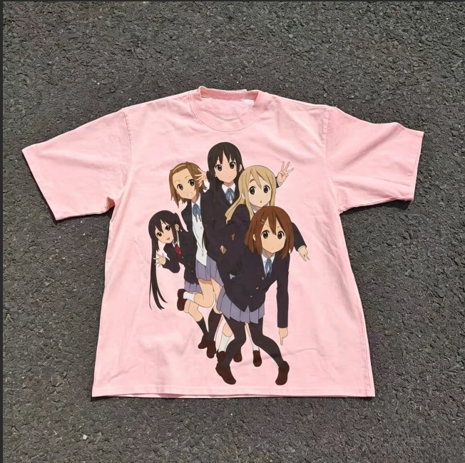 2026 K-On Five Girls School Uniform Group Anime Print T-shirt Off White Oversized Cotton Casual Tee For Anime Fans
