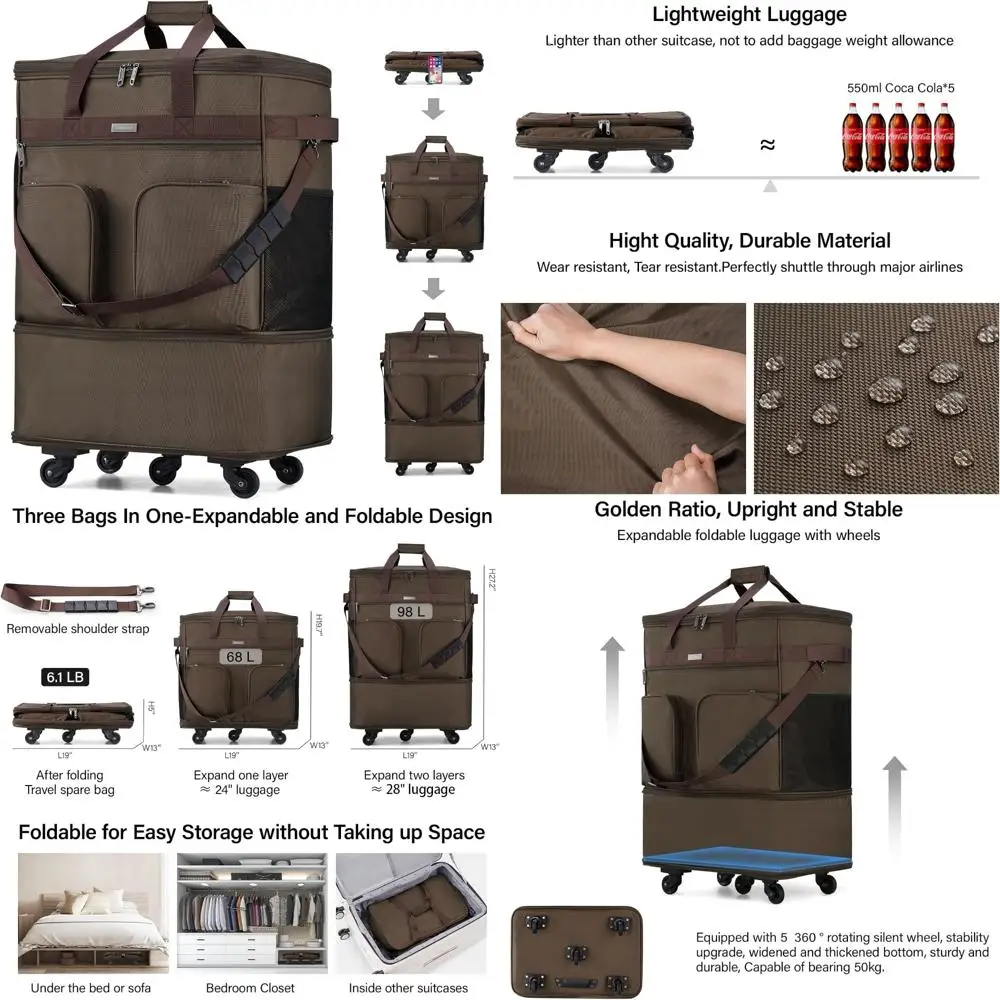 Expandable Collapsible Suitcase with Wheels for Men and Women - Lightweight Rolling Travel Bag, Duffel, and Garment Tote Bag for