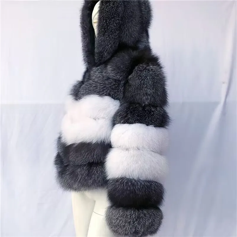 New Hooded True Fox Fur Coat Women\'s Fashion Silver Fox and Fox Hair Mixed Coat Natural Genuine Leather Grass Hooded Winter