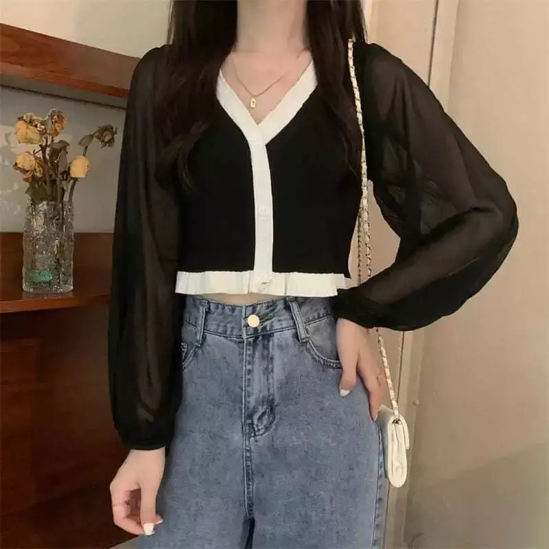 Female Clothing Knitted Patchwork Blouse Fashion Gauze Fake Two Pieces Spring Autumn Casual V-Neck Long Sleeve Slim Short Shirt