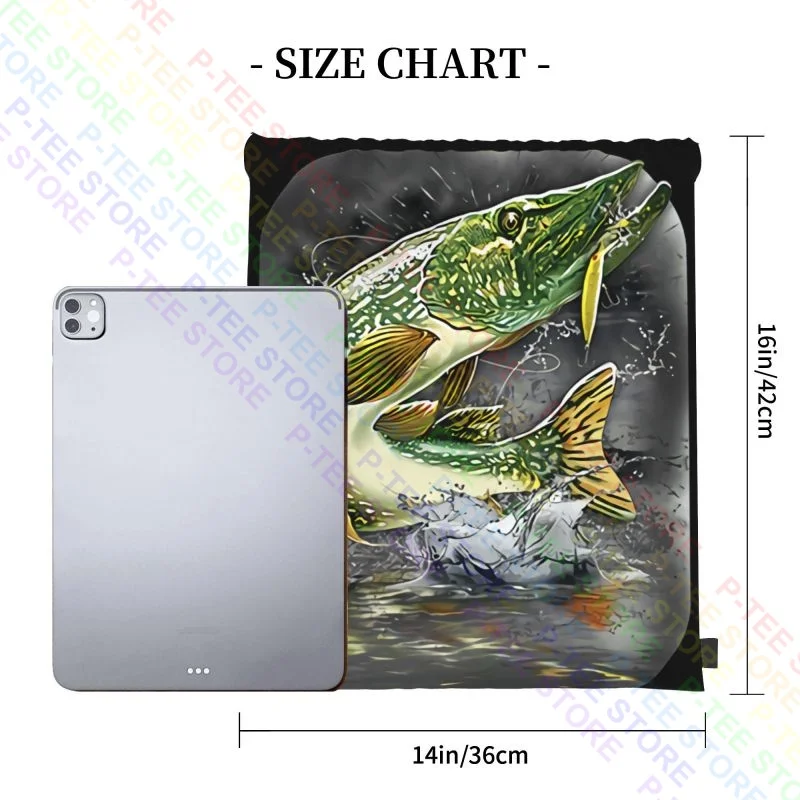 Fishing Fishermen Pike Jumping After Lure 2 Sides Drawstring Bags Gym Bag Travel Art Print Gym Tote Bag Bags For Travel