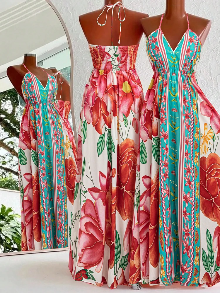 

Plus Size Floral Halter Maxi Dress Features Deep V Neck Smocked Back High Waist Flowy Hem, Vibrant Tropical Floral Print, Adjust