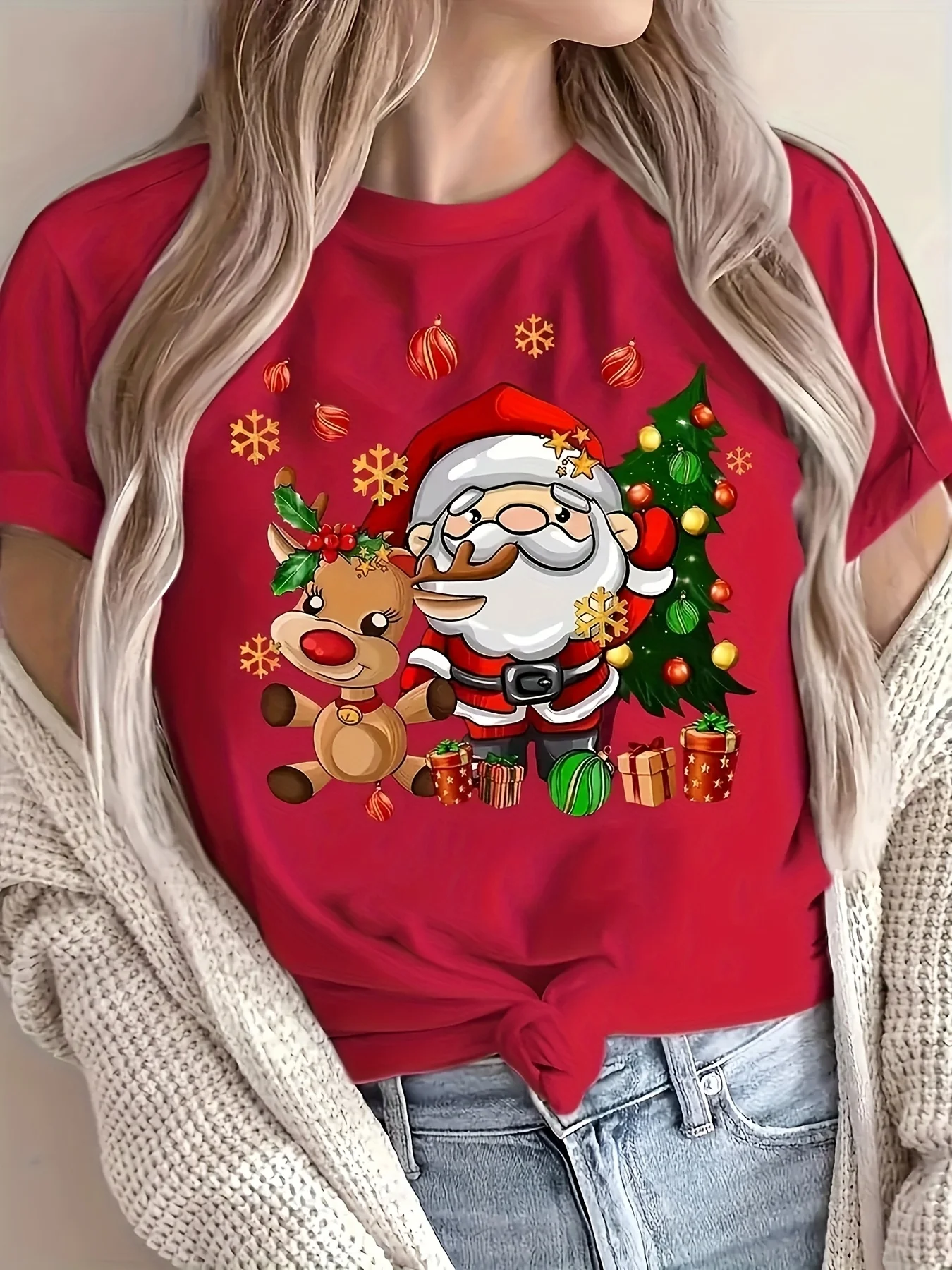 2026 Christmas Santa and Reindeer Print Crew Neck T-Shirt Harajuku Sleeve Women's T-shirt Clothing Street Tees Aesthetic Tops