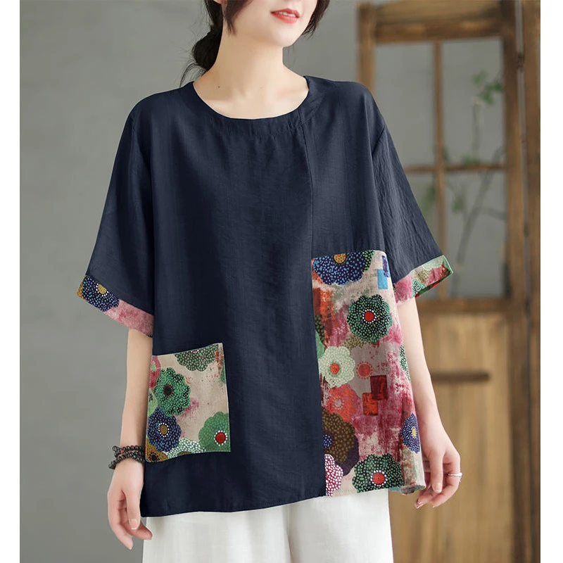 Camicie di lino di cotone Patchwork con stampa in stile etnico retrò da donna camicetta oversize a maniche corte estiva Casual O collo top Blusas