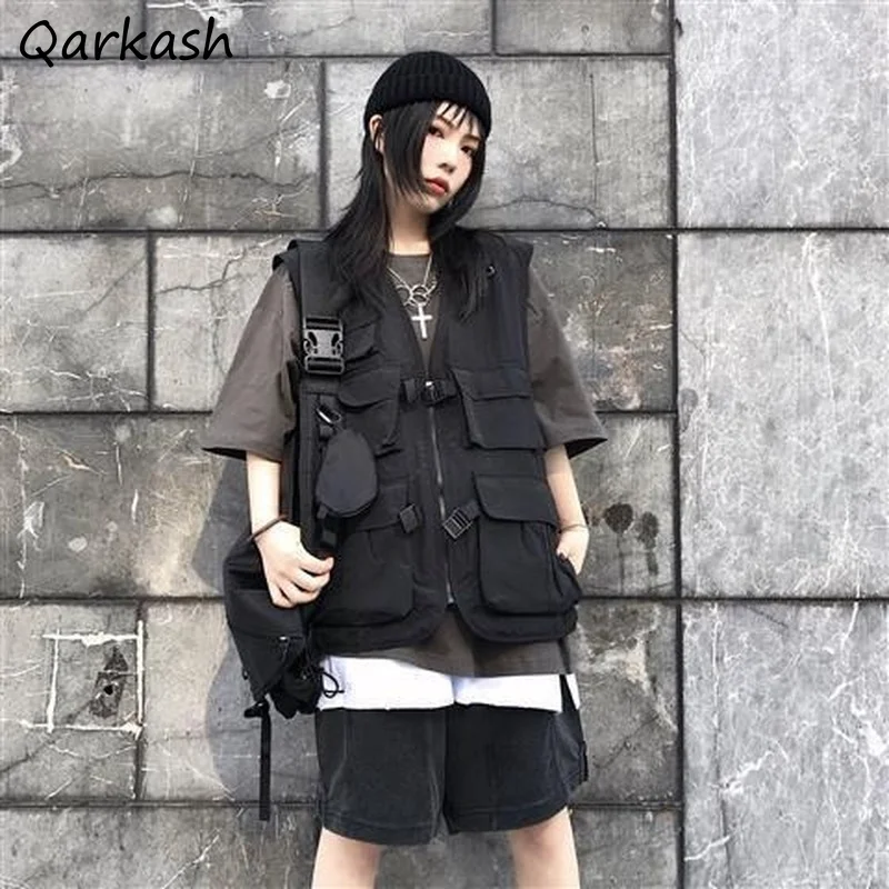 Vests Women M-5XL Colleges Streetwear Solid Outerwear Loose Cargo Unisex Sleeveless Jackets BF V-Neck Harajuku Pockets Design