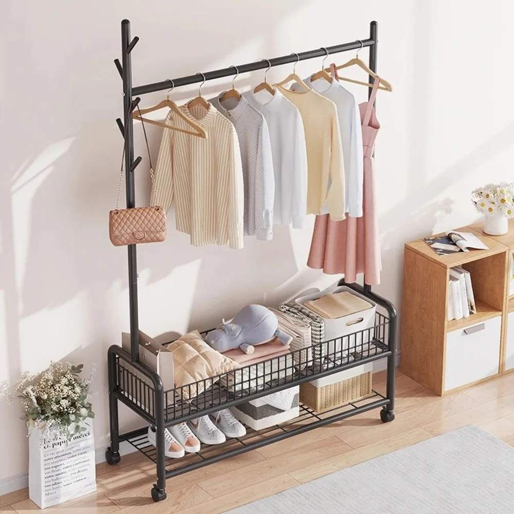 Movable Clothes Rack Floor Hanger Stand Storage Wardrobe Steel Cloth Rack Bedroom Clothes Hanger With Wheel  Floor Cloth Hook