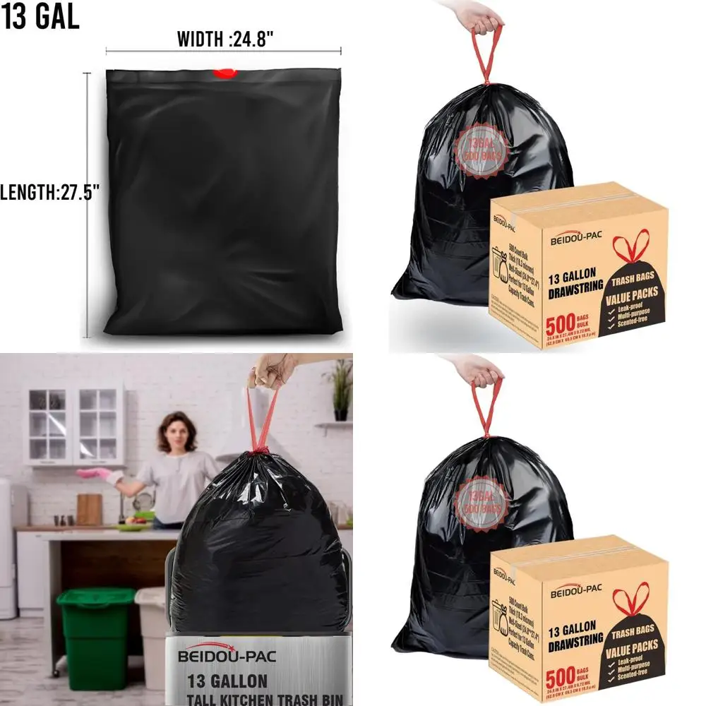 

500 штук, оптовая упаковка, 13 галлонов, черные мешки для мусора без запаха, для кухни и коммерческого использования, эконом-пакет