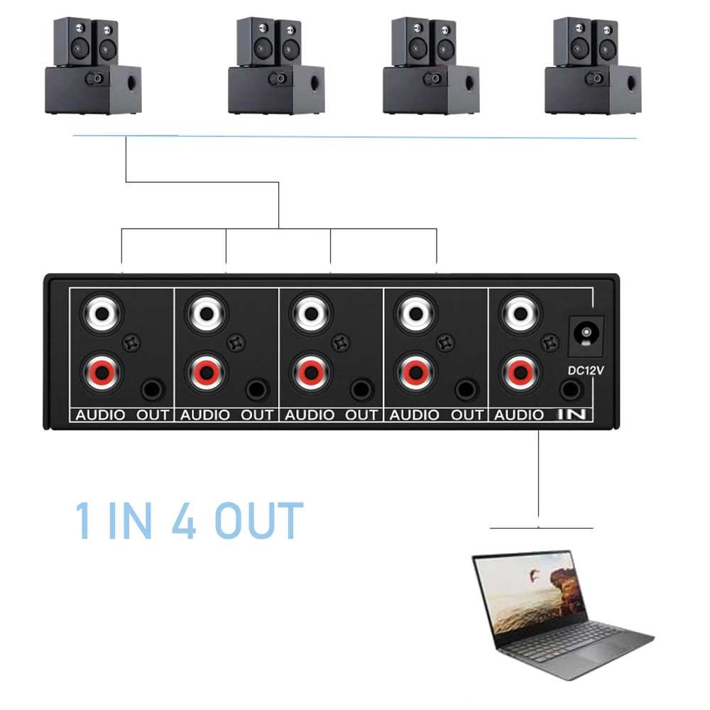 Rozdzielacz Audio 1 w 4 na RCA L/R Aux Splitter Audio video rozdzielacz Audio 1x4 Audio rozdzielacz dla PC DVD głośnik analogowy audio splitte