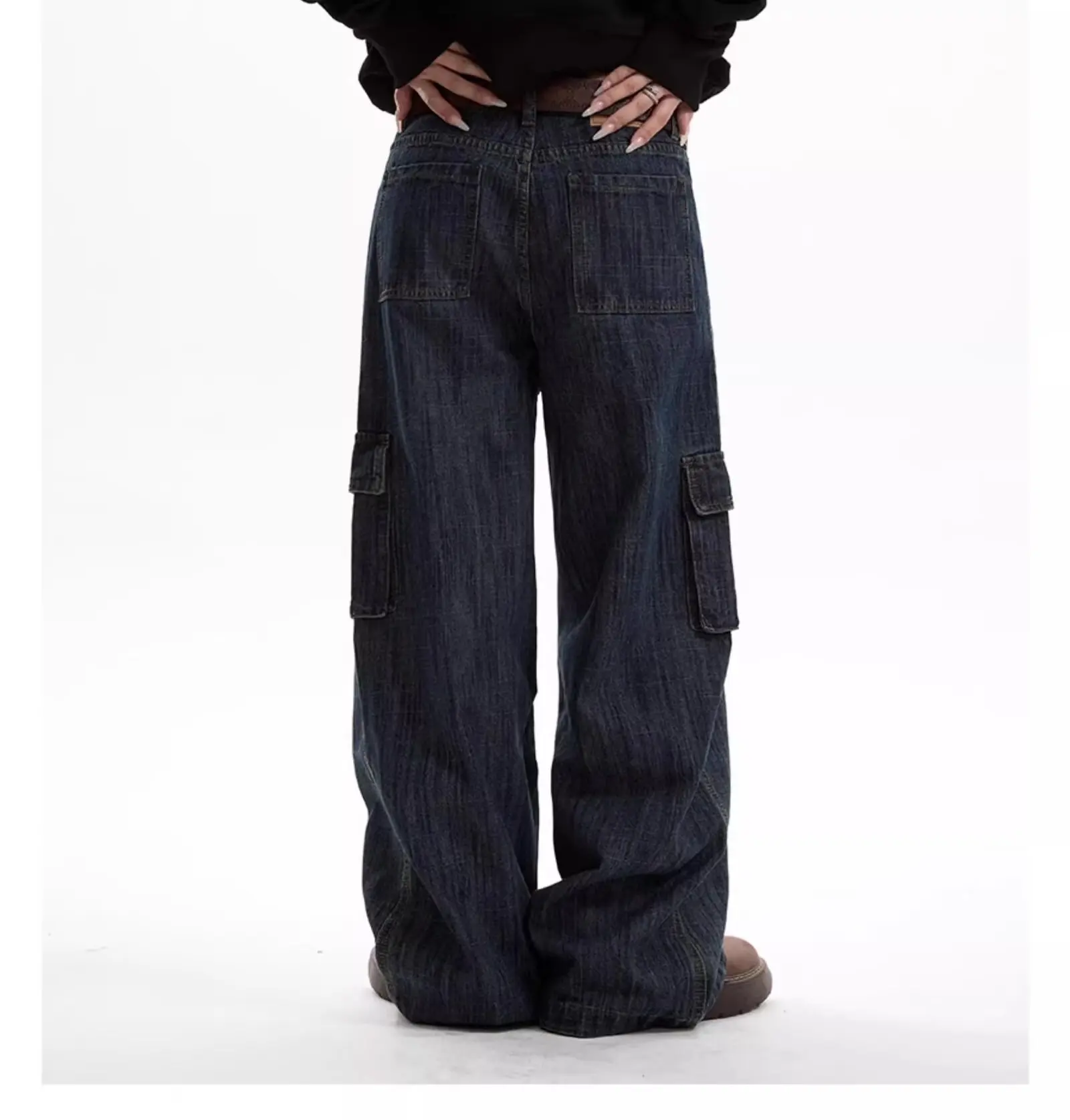 Jeans fiammato vintage a righe scure Pantaloni larghi cargo multitasche a gamba dritta da uomo