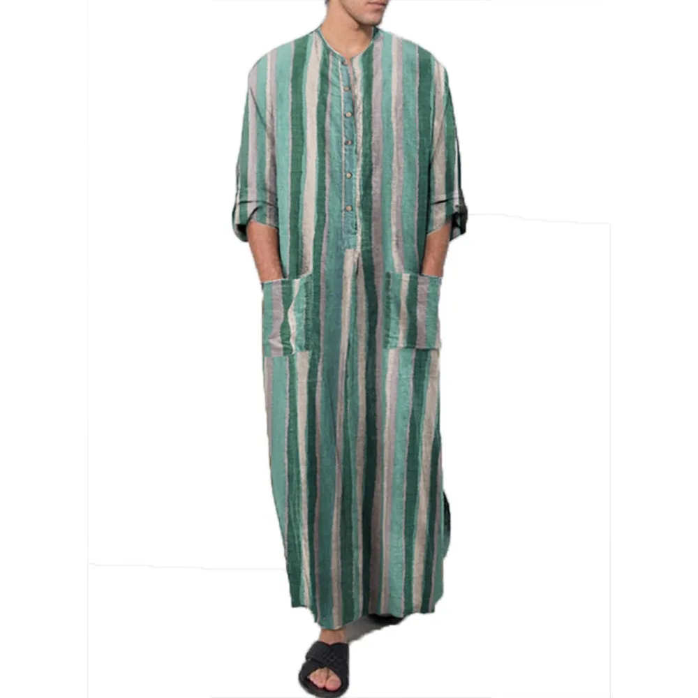 Striped Print Shines! Middle Eastern Men's Long-sleeve One-piece Robe, Spring-Summer Arabian Muslim Wear Comfortable Style