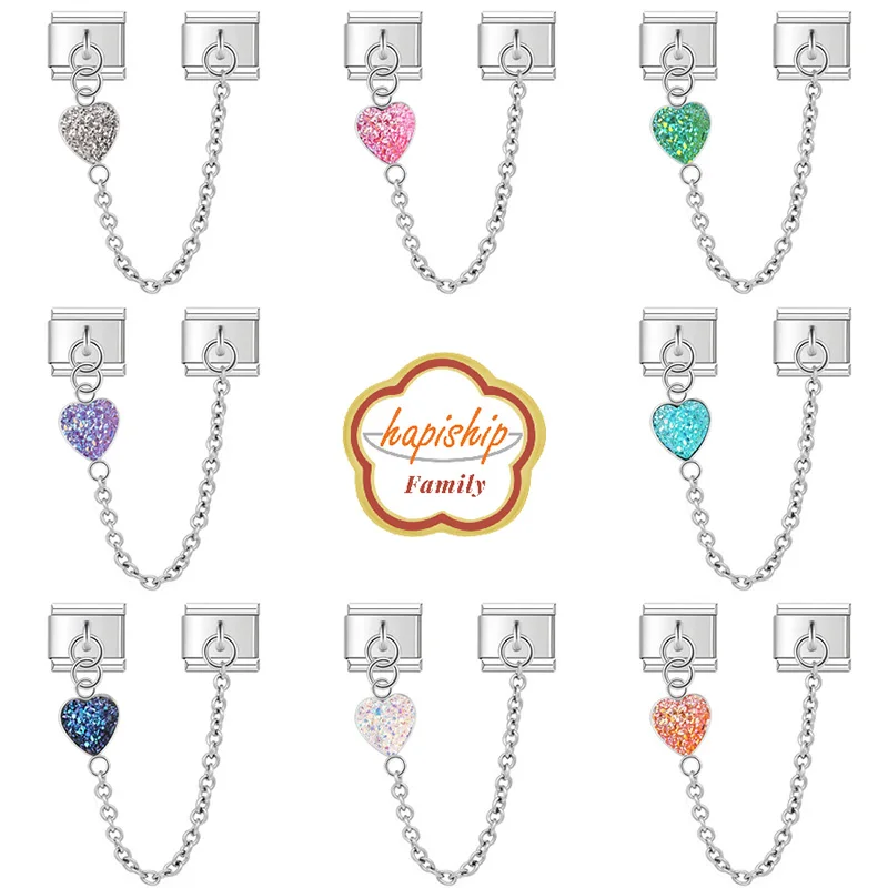 Hapiship Family Women Fashions Love Heart 7cm Chain Charm Links Fit 9mm Bracelet Stainless Steel Making DIY Jewelry NEW076