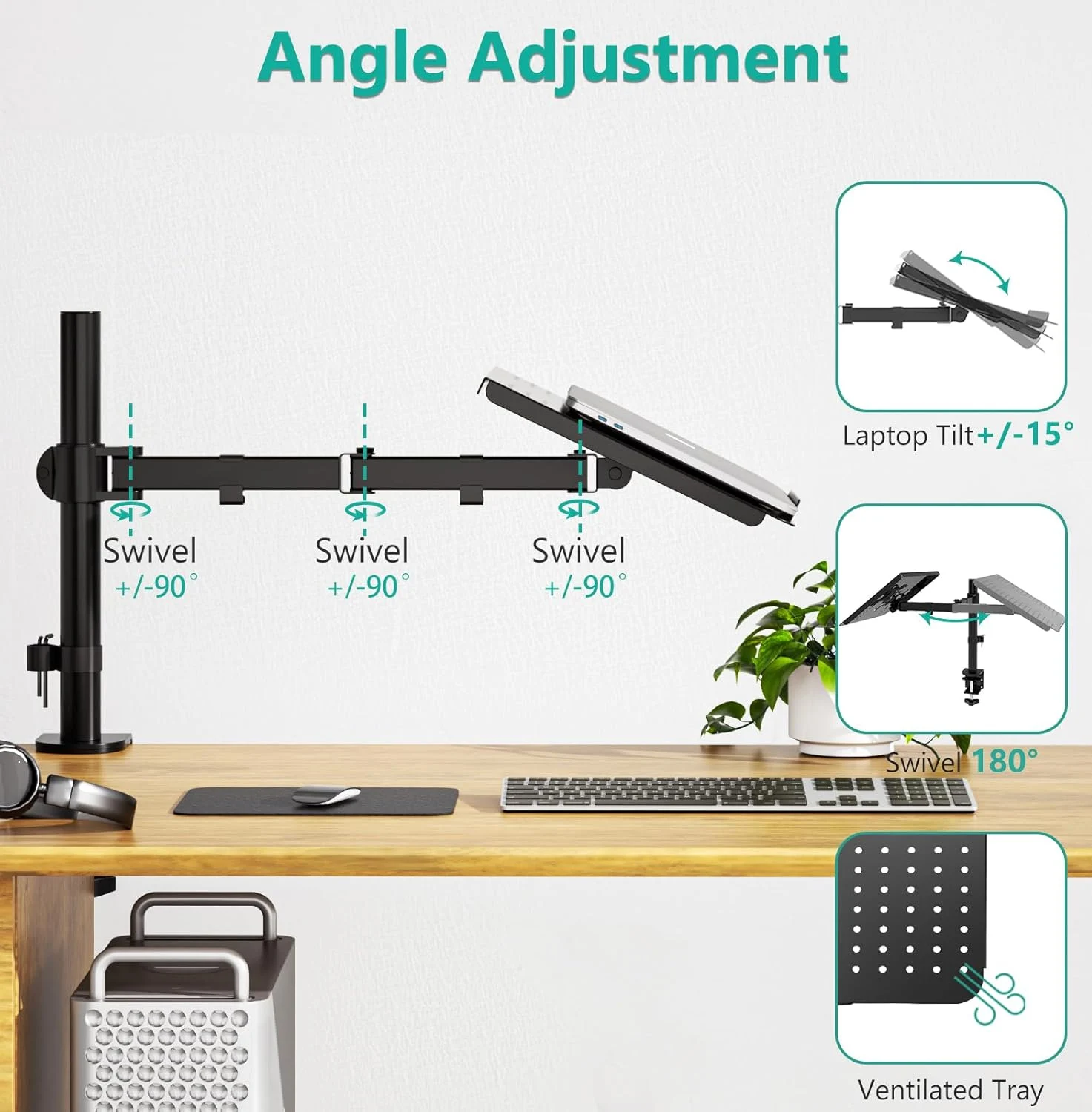 يمكن رفع وخفض حامل الكمبيوتر المحمول مع المشتت الحراري. يمكن لحامل الكمبيوتر المحمول برأس واحد يدور 360 درجة ° أسود #4