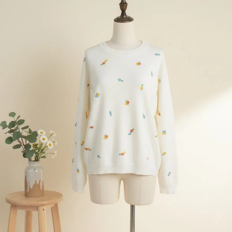 

Women’s Casual Loose Knitted Sweater Round Neck Floral Embroidered Design Long Sleeve Comfortable And Stylish Mid-length Sweater