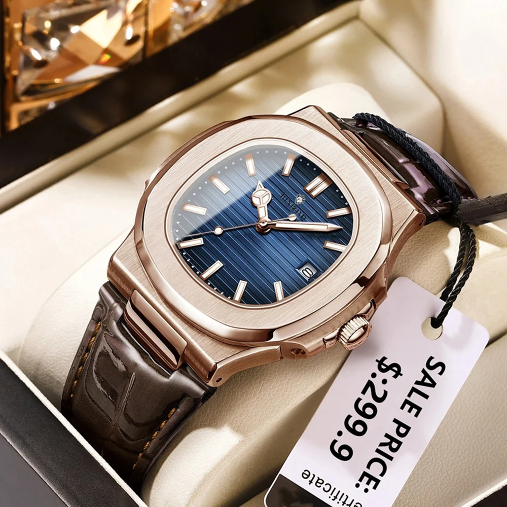 

Casual Leather Gifts For Man Rose Gold Clock Men Luxury Watch Automatic Watches Mens Fashion Quartz Wristwatches Digital Reloj