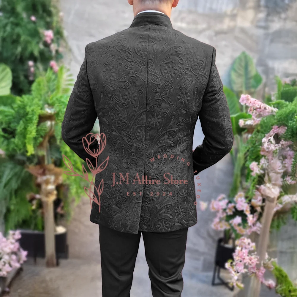 오뜨 꾸뛰르 남자 정장 블랙 절묘한 자카드 3pcs 자켓 조끼 바지 결혼식 신랑 졸업 공 콘서트를위한 슬리밍 세트