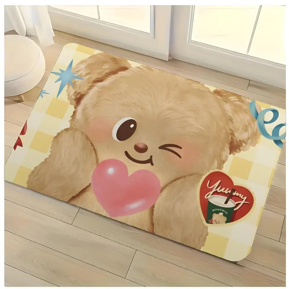 cute korean bear character sticker Butter Bear Floor Mat Washable Absorbent Flannel Door Mat Non-Slip Indoor Floor Rug