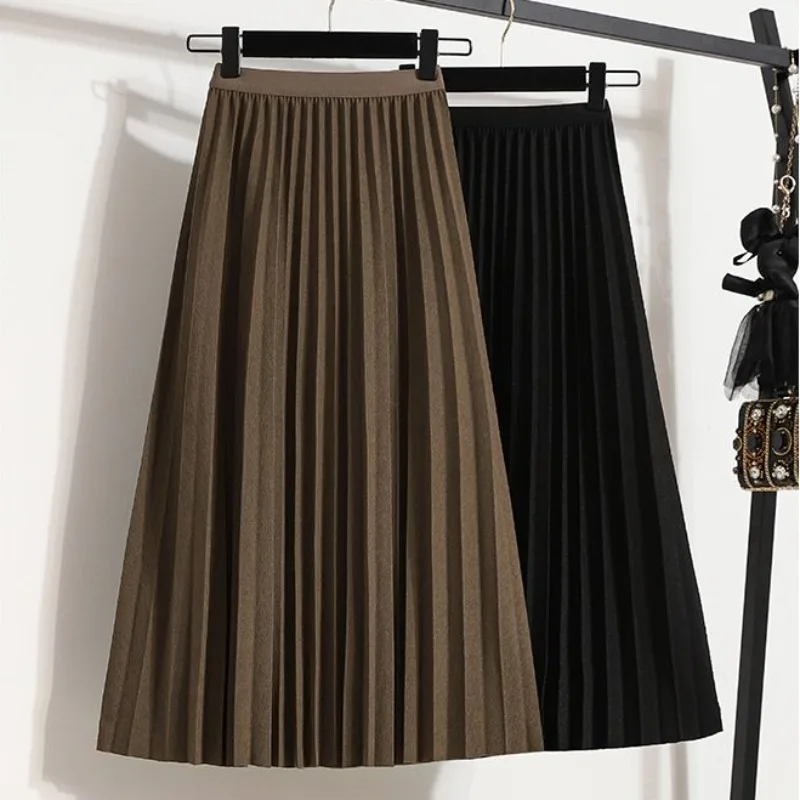 

Long Pleated Skirts Women Cozy Vintage High Waist Spring Fall Trendy Office Ladies Temperament Solid All-match Ulzzang Leisure