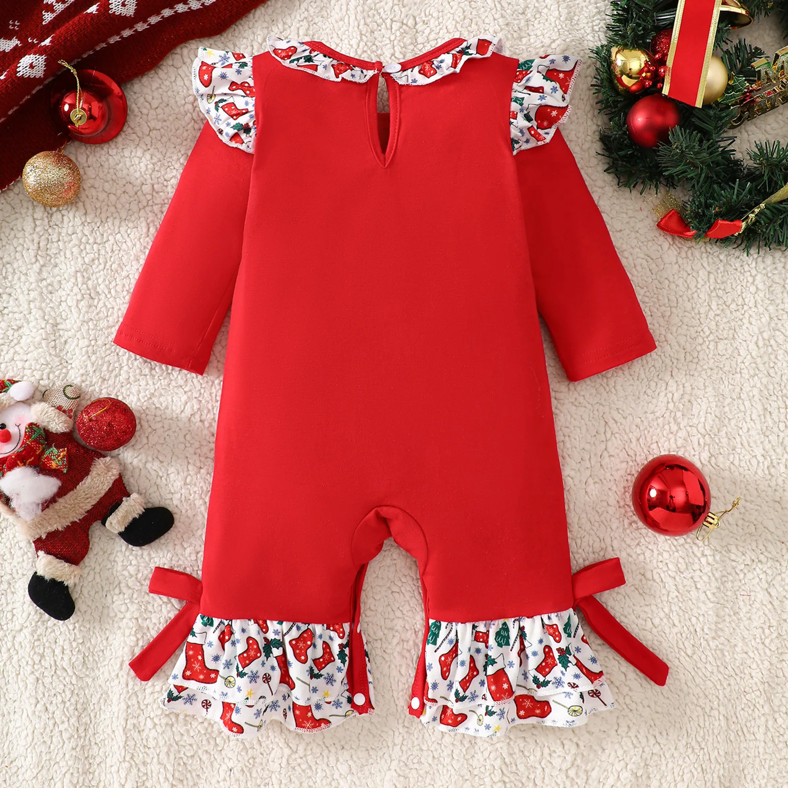 Baby Girls Jumpsuit Cartoon Print Long Sleeved Round Neck Plaid Embroidered Hoodie Christmas Dress Up Rompers