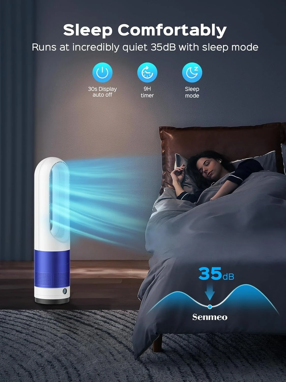 مروحة خالية من الشفرة لغرفة النوم، مروحة برجية هادئة مع جهاز تحكم عن بعد، 90 °   مروحة متأرجحة لشاشة LED داخلية سهلة التنظيف ومحمولة