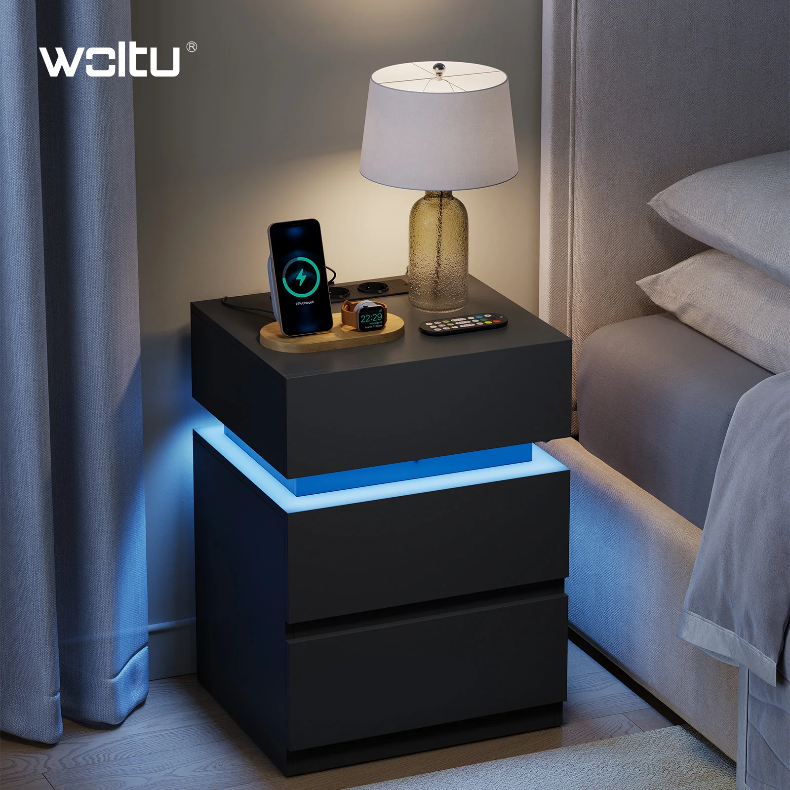 Mesitas de noche WOLTU con 2 cajones y enchufe, mesita de noche moderna con iluminación LED, mesa estrecha para sofá para dormitorio y sala de estar