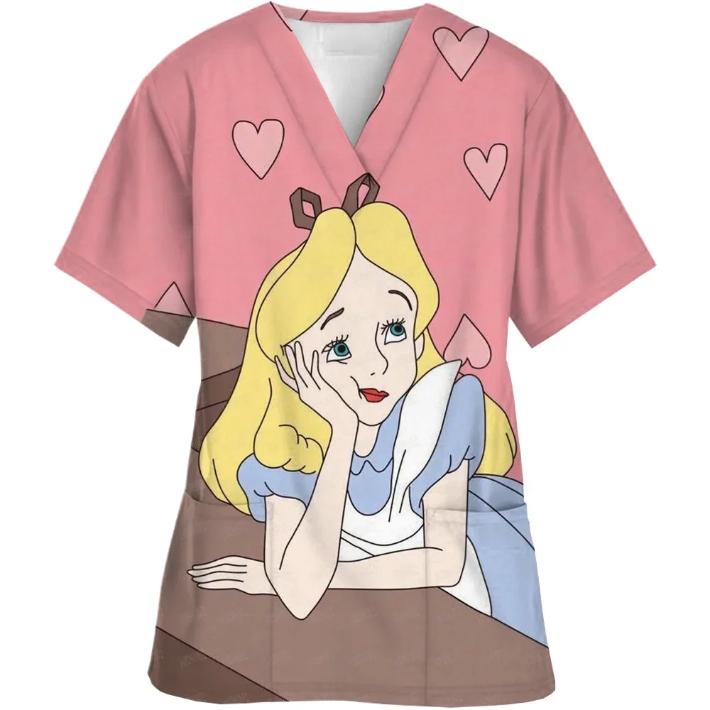 2024 New Disney Princess Frozen Elsa Snow White Women's Printed Short sleeved V-neck Pocket Top Nurse Dress Laboratory Clothing