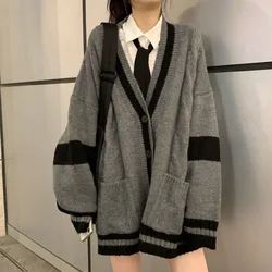 Lucyever Preppy Style Knit Sweater Women Single Breasted V-Neck Warm Cardigan Woman Patchwork Grey Long Sleeve Sweaters Coat