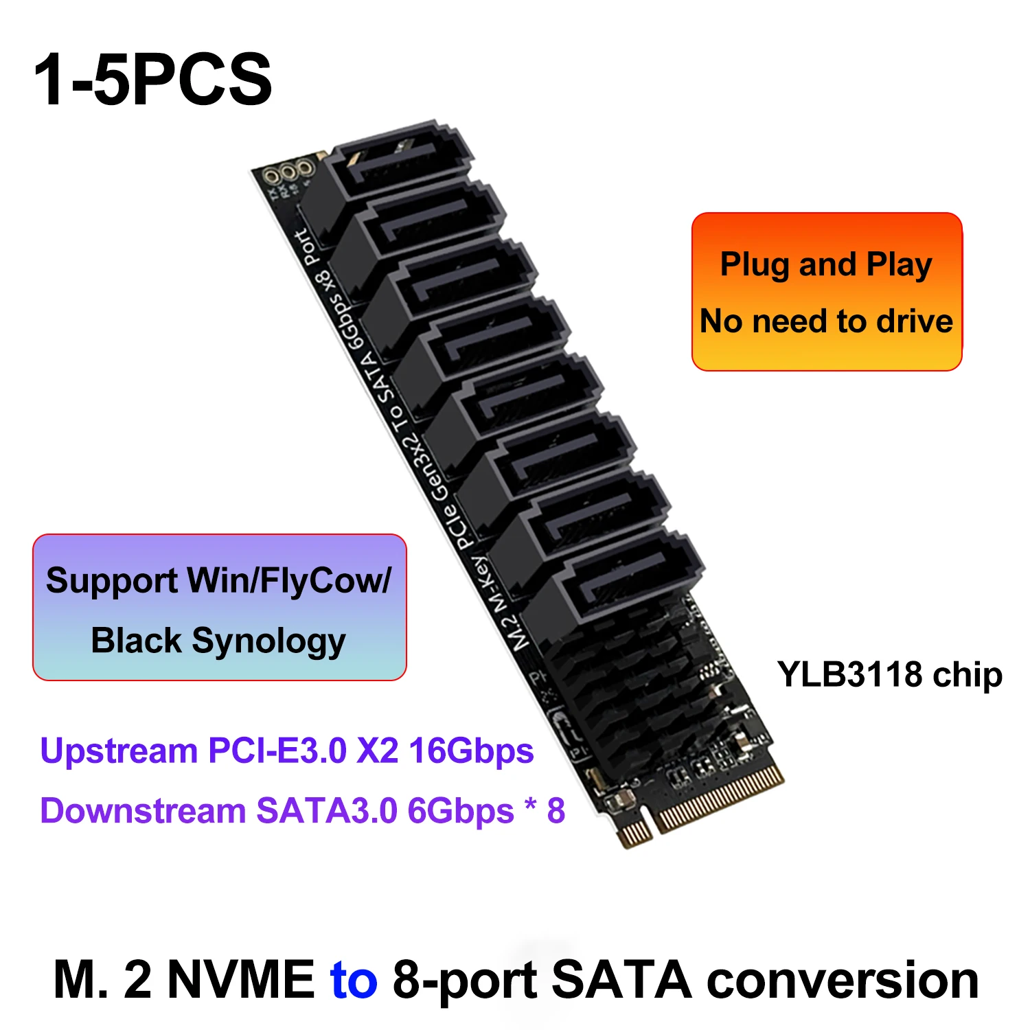

1-5 M. 2 NVME to SATA3.0 Adapter Card M2 PCIe SATA 6Gbps 8-Port Expansion Card Supports Network Storage and Hard Disk Expansion
