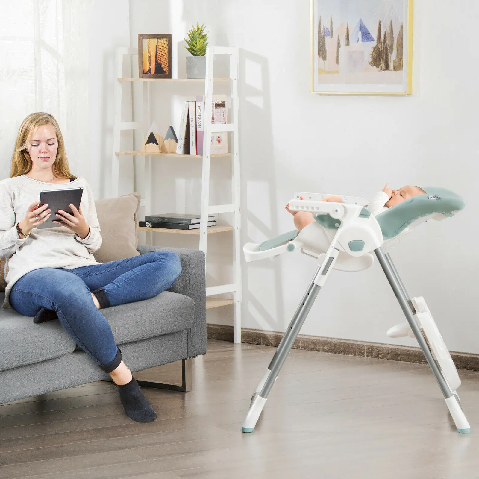 Babyjoy – chaise haute pliable pour bébé, avec Double plateaux amovibles et porte-livre vert