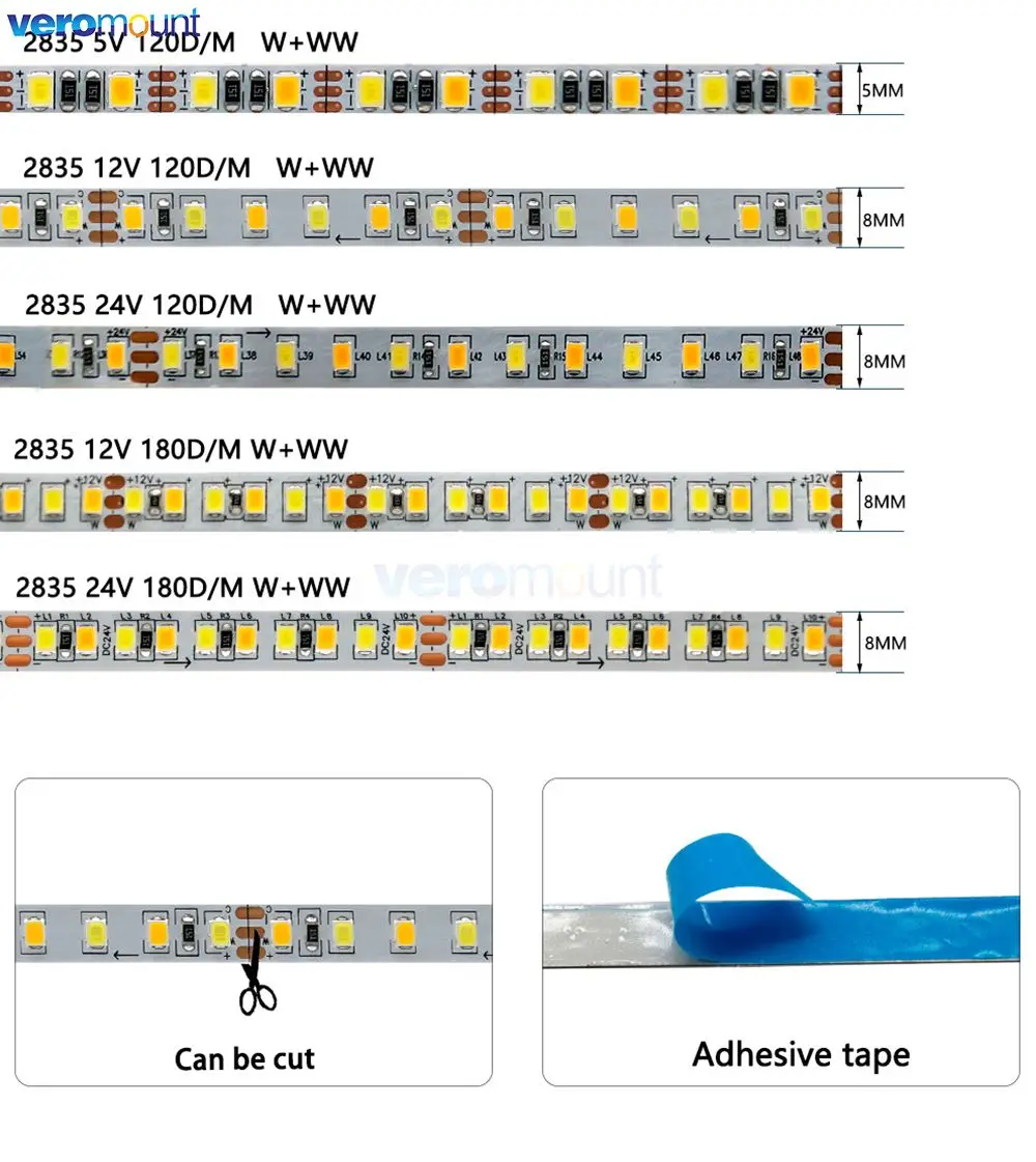 5m Dual Color SMD 2835 CCT Dimmable LED Strip Light 5V 12V 24V DC WW CW Color Temperature Adjustable Flexible LED Tape Ribbon