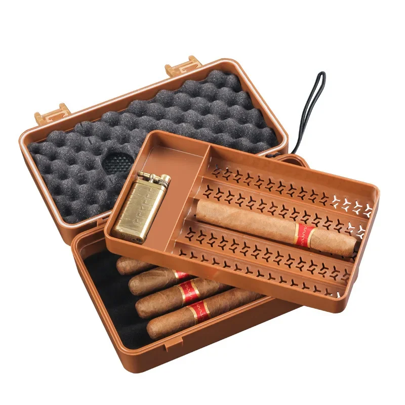 Portable Waterproof Cigar Humidor Pressure Resistant Plastic Travel Cigar Humidor Case 10pcs Double Layer with Hygrometer