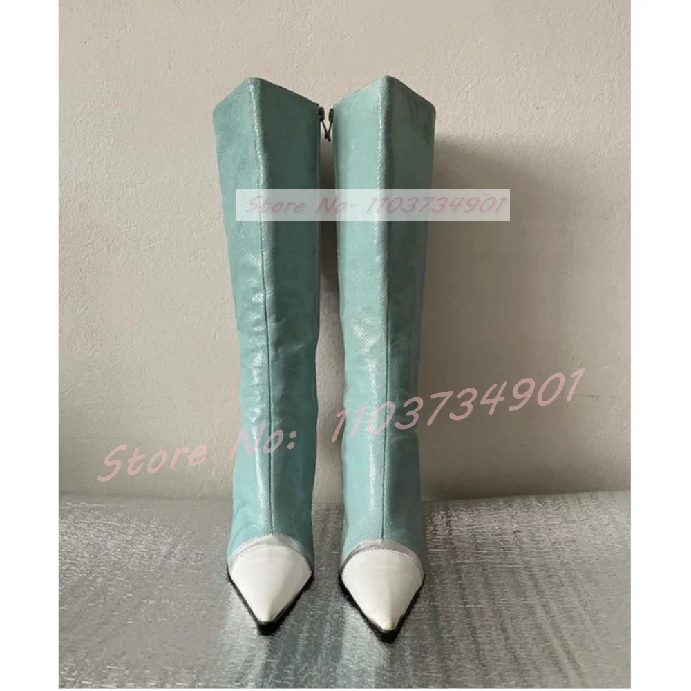 Pointy Toe Patchwork Lace Up Stiletto Boots Women Side Zip High Heels Knee Length Shoes Lady Leggy Slim Fashion Sexy Party Boots