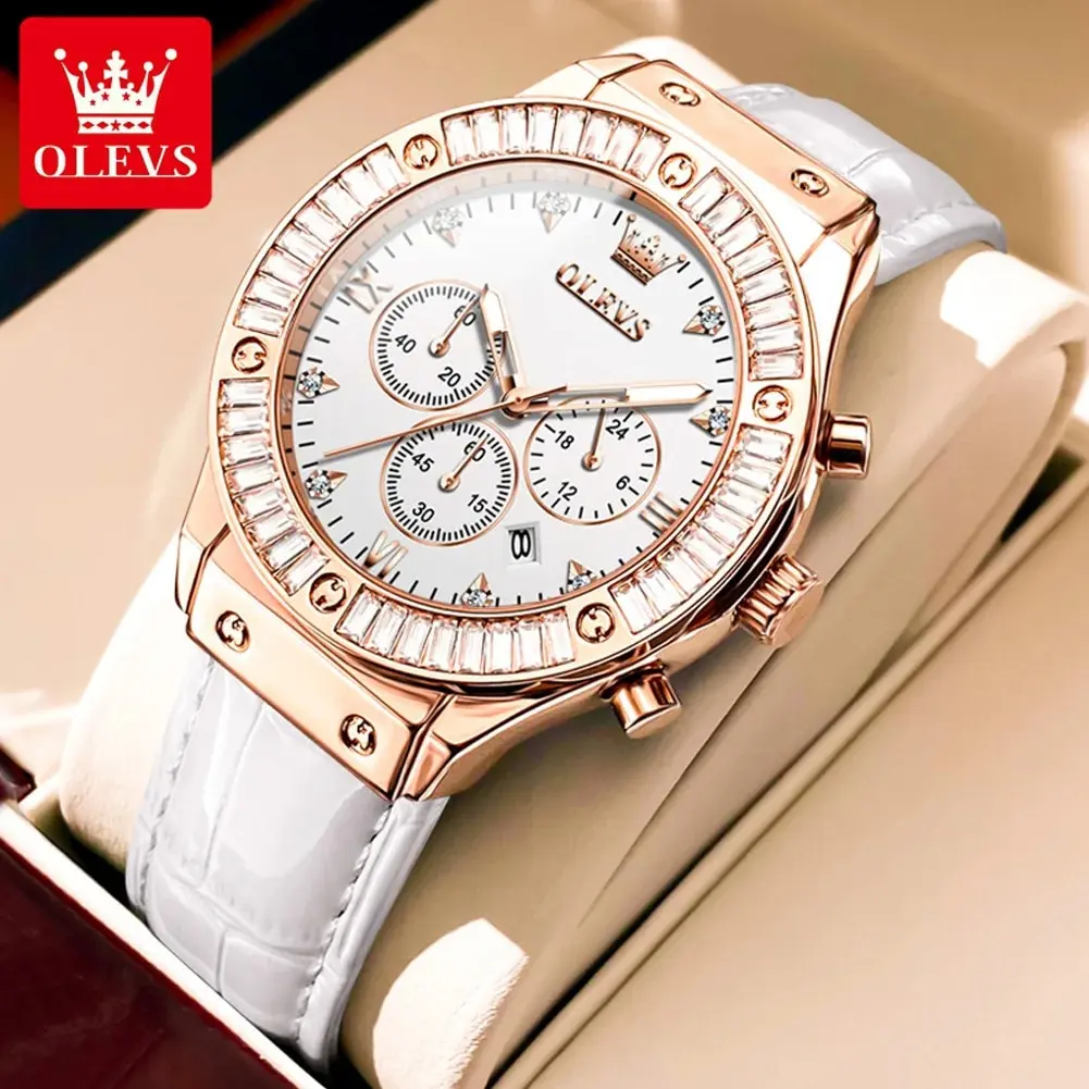 OLEVS 9978 Luxury Quartz Watch for Women Fashion Leather Strap Diamond Lap Ladies Wristwatch Top Brand Women\'s Chronograph Watch