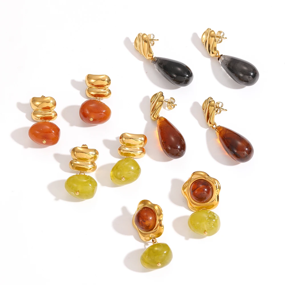 Retro-Ohrringe mit geometrischem Muster aus Kunstharz für Damen, 18 Karat vergoldete Edelstahl-Ohrringe, schlichter Modeschmuck, Geschenk für Mädchen. – Detail 4