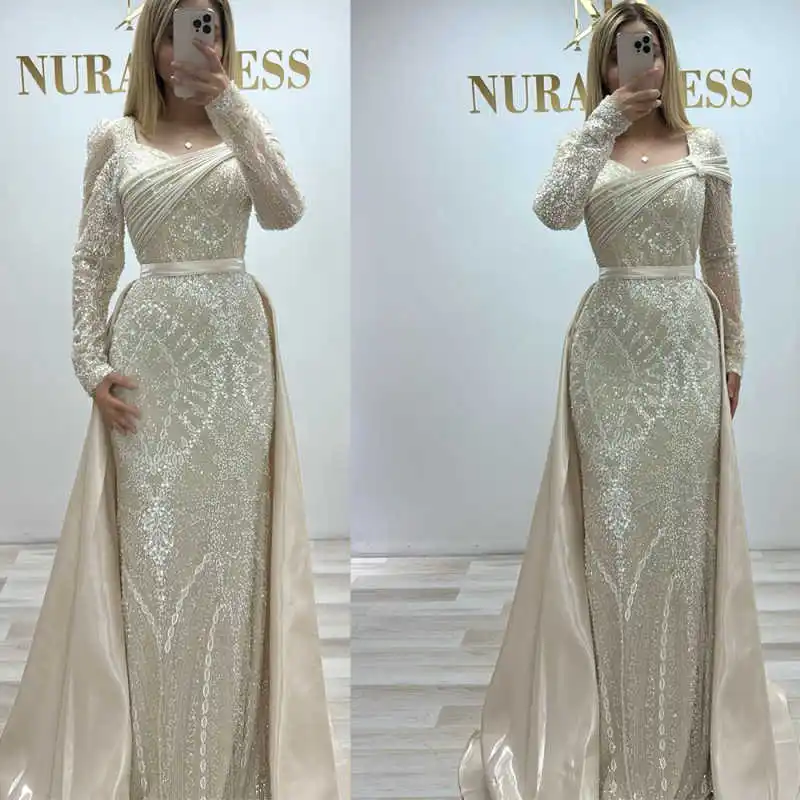 

Glamorous Formal Evening Dresses Designer Modern Style Elegantly Full Sleeve Lace Sequins Floor-Length Dress Custom Made