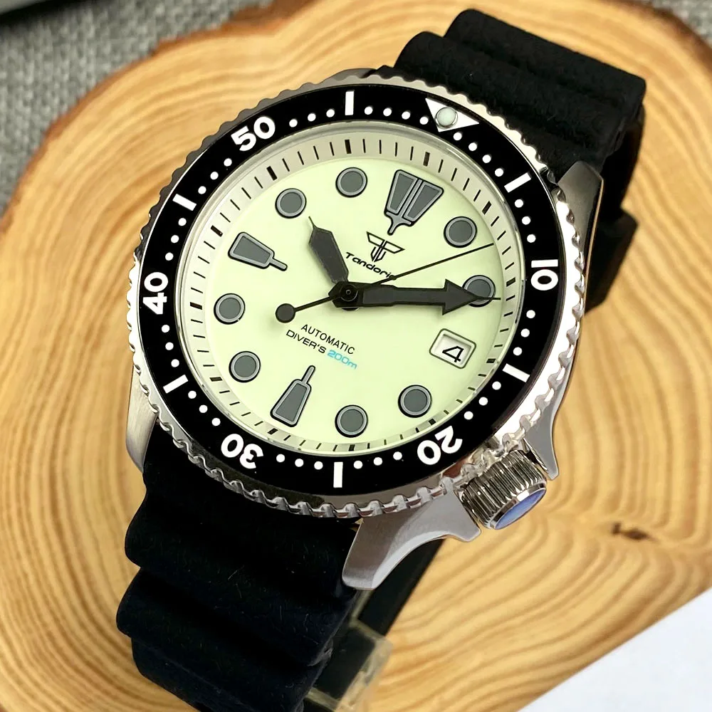 Tandorio 41mm NH35A 200M Waterproof Dive Automatic Watch Men Green Luminous Dial Sapphire Glass SKX Stainless Steel Bracelet