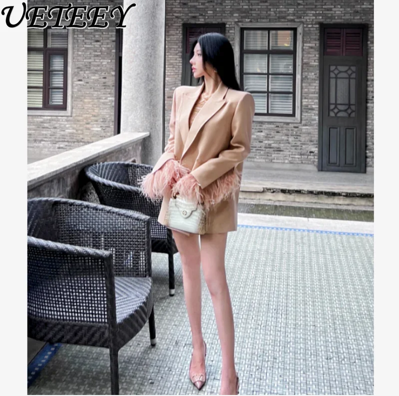 Elegant Ostrich Furry Suit Jacket Women\'s Spring Korean-Style Casual All-Match High-Grade Long Sleeve Suit Fashionable Coat